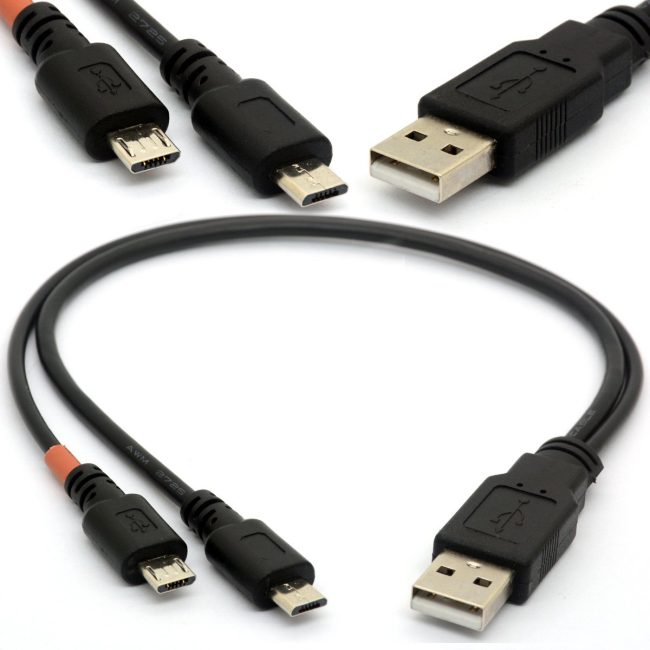 Micro USB Cable Y Splitter USB 2.0 A to Dual Micro B Power Enhancer Hub Adapter 1 Male to 2 Male Android Extension Code Syncing and Charging Two Devices Simultaneously