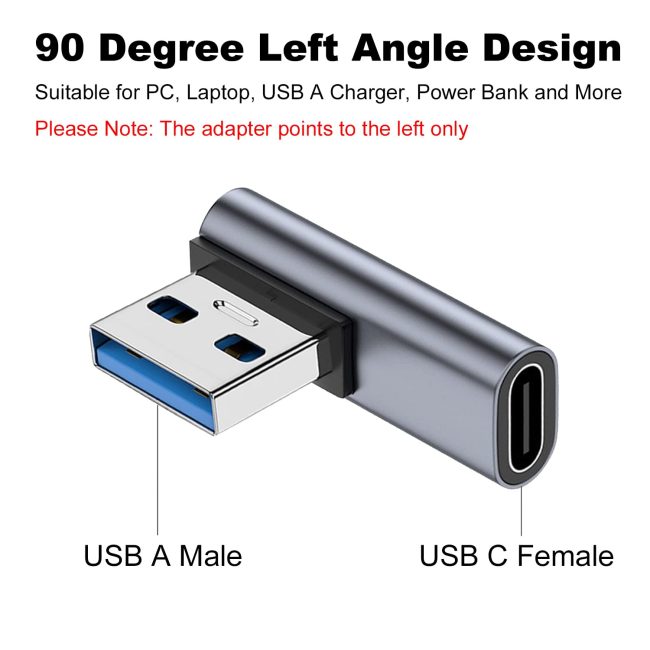 90 Degree USB C Female to USB Male Adapter Left Angle Type C to USB A Charger Converter for iPhone Apple iWatch Watch Airpods iPad Air Mini and More
