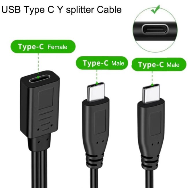 USB C Splitter Charge Cable 1 Feet USB Type C 1 Female to 2 Dual Male Y Splitter Extension Charging Cable(Only for Charging,Can't Transmit Data)
