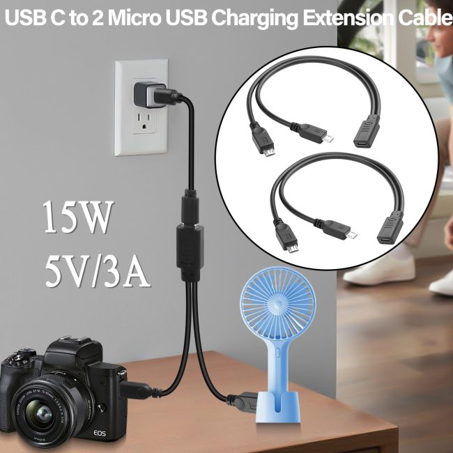USB C to 2 Micro USB 1 in 2 Splitter Charging Short Cable 5V3A USB Type C Female to Dual Micro USB Male Connector Y Shape Extension Cable Cannot Data Transfer 30cm/11.8in