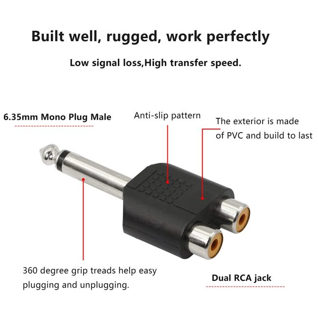 6.35mm Mono 1/4 Inch Male to RCA Splitter Stereo Jack Male to RCA Female Adapter