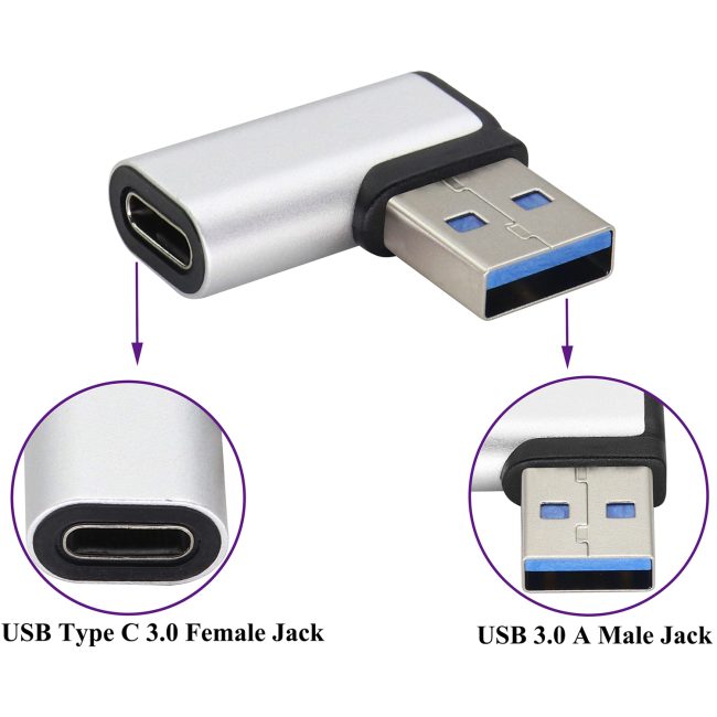 Right Angle USB C to USB A 3.0 Adapter 90 Degree USB Type C Female to USB 3.0 A Male Converter (OTG) for PC Laptops Power Banks Chargers More USB and Type-C Devices