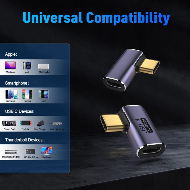 USB C 90 Degree Adapter 40Gbps Data Transfer USB Type C Male to Female Right Angle Extender for Steam Deck Switch Thunderbolt4 Laptop Mobile Phone Tablet