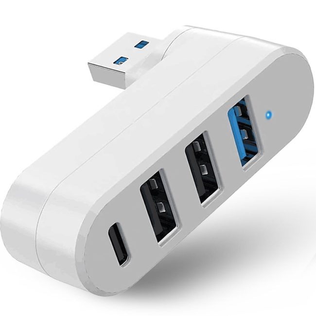 4-Port USB 3.0 Hub 90/180 Rotatable USB Splitter with 3 USB Ports & 1 USB C Power Data Port USB Extender for Laptops Cars iMac MacBook Air MacBook Pro