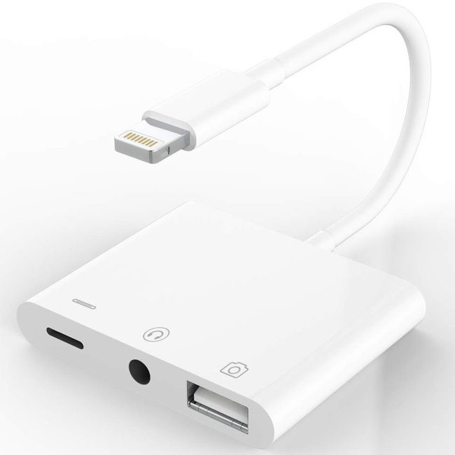 Headphone Adapter 3.5mm AUX Audio Jack and Charger Extender Dongle Earphone Headset Converter Lightning Male to USB Female OTG Cable Camera Memory Connector Kit Splitter
