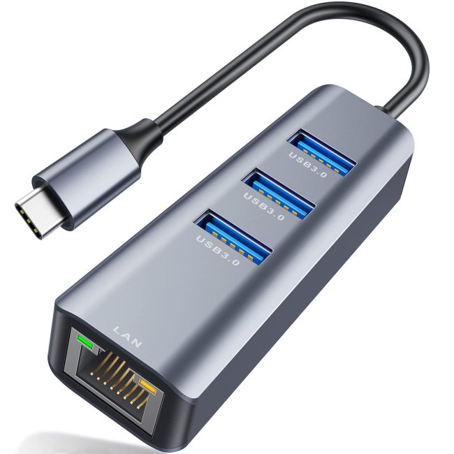 USB C to Ethernet Adapter 4-in-1 RJ45 to USB-C/Thunderbolt 3 to Gigabit Ethernet LAN Network Adapter for MacBook Pro/Air 2023/2024 Chromebook XPS Surface Book