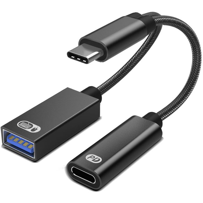 USB C to USB OTG Adapter 2 in 1 USB C Splitter with PD-in 60W Charging Port and USB 3.0 Female Port Compatible wit iPhone 15 Pro MacBook Pro Chromebook Galaxy and More Type-C Devices