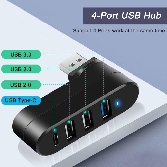 4-Port USB 3.0 Hub 90°/180° Degree Rotatable USB Splitter with PD-in 5W USB C Port USB Extender for Laptop Car iMac MacBook Air MacBook Pro and More
