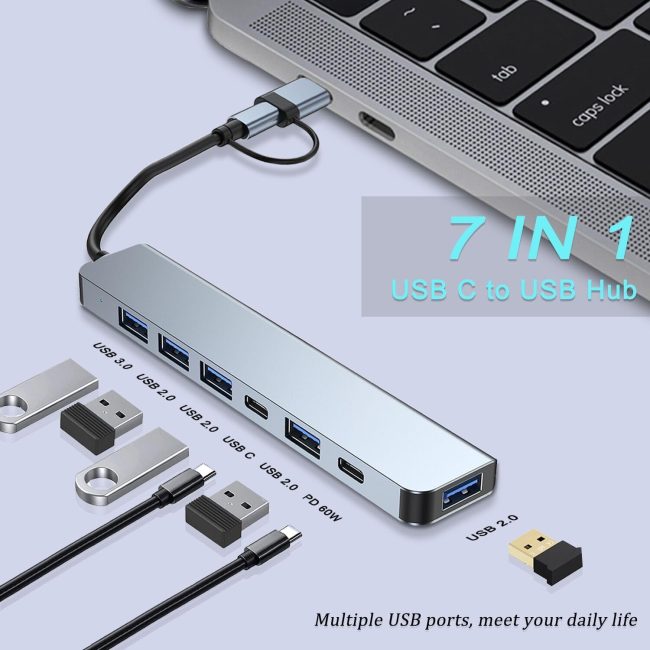 Aluminum USB C & USB Hub 7-in-1 with USB 3.0 USB-C Ports for PC/Laptops/MacBook Pro/Air/iMac/iPad and More Devices