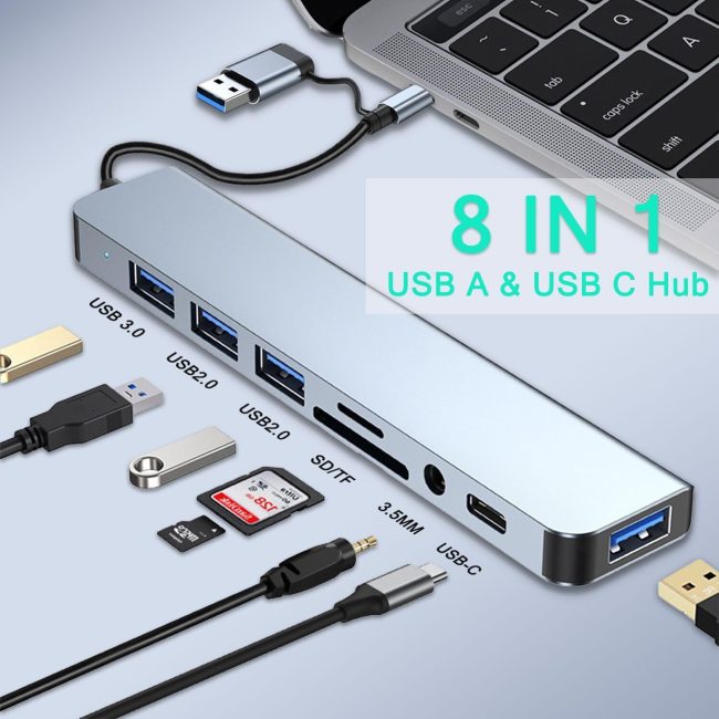 USB C Hub USB Hub 3.0 Aluminum 8 in 1 USB Extender with SD TF Card Reader 3.5mm Aux Headphone Jack for MacBook Pro Air and More PC Laptop Tablet Devices