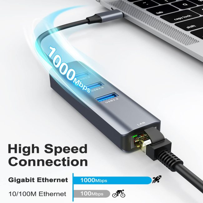 USB C to Ethernet Adapter 4-in-1 RJ45 to USB-C/Thunderbolt 3 to Gigabit Ethernet LAN Network Adapter for MacBook Pro/Air 2023/2024 Chromebook XPS Surface Book