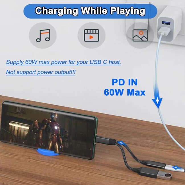 USB C to USB OTG Adapter 2 in 1 USB C Splitter with PD-in 60W Charging Port and USB 3.0 Female Port Compatible wit iPhone 15 Pro MacBook Pro Chromebook Galaxy and More Type-C Devices