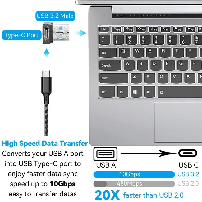 90 Degree USB C to A Adapter Right Angle USB3.2 Type-C Female to A Male Converter Vertical USB Port Position Changer Extender Connector for Laptop Computer