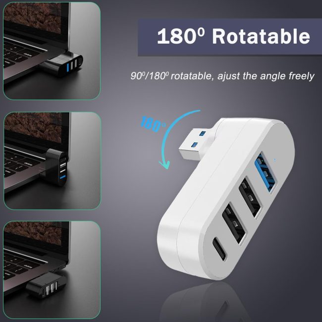4-Port USB 3.0 Hub 90/180 Rotatable USB Splitter with 3 USB Ports & 1 USB C Power Data Port USB Extender for Laptops Cars iMac MacBook Air MacBook Pro