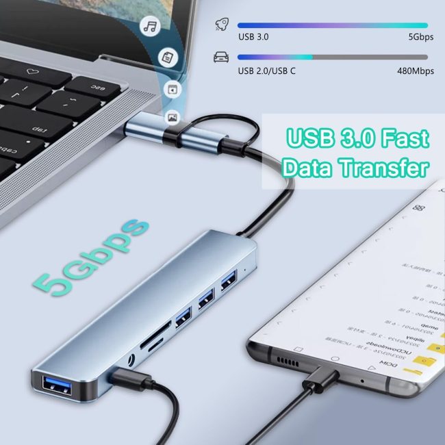 USB C Hub USB Hub 3.0 Aluminum 8 in 1 USB Extender with SD TF Card Reader 3.5mm Aux Headphone Jack for MacBook Pro Air and More PC Laptop Tablet Devices