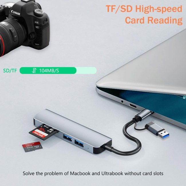 5 in 1 Aluminum USB-C Hub with Memory Card Reader and 3 USB 3.0 Ports for PC Laptops MacBook Pro Air iMac Pro Surface and Tablet