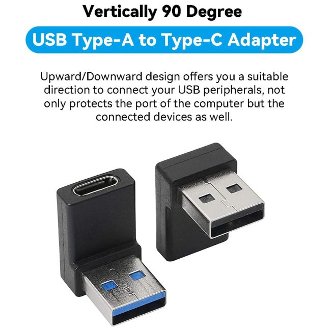 90 Degree USB C to A Adapter Right Angle USB3.2 Type-C Female to A Male Converter Vertical USB Port Position Changer Extender Connector for Laptop Computer
