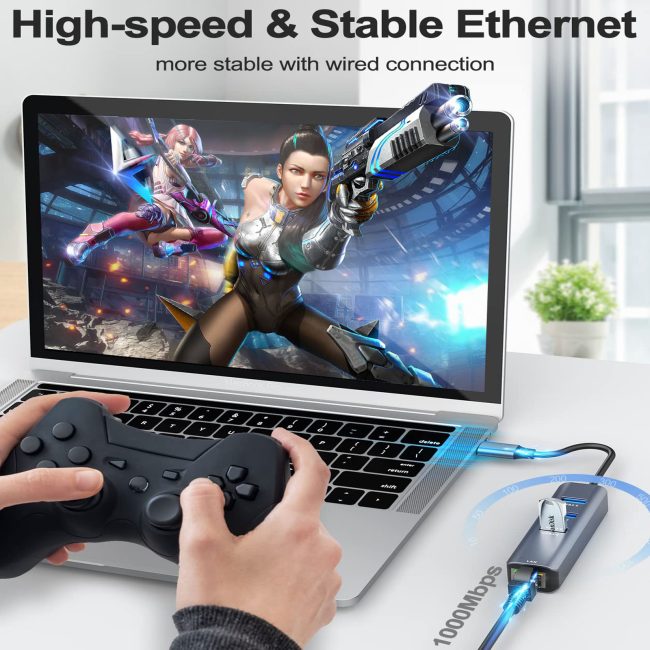USB C to Ethernet Adapter 4-in-1 RJ45 to USB-C/Thunderbolt 3 to Gigabit Ethernet LAN Network Adapter for MacBook Pro/Air 2023/2024 Chromebook XPS Surface Book