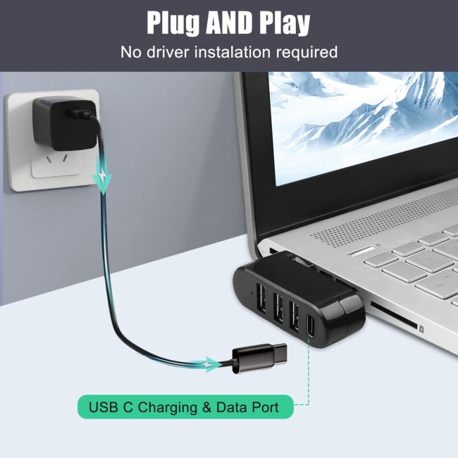 4-Port USB 3.0 Hub 90°/180° Degree Rotatable USB Splitter with PD-in 5W USB C Port USB Extender for Laptop Car iMac MacBook Air MacBook Pro and More