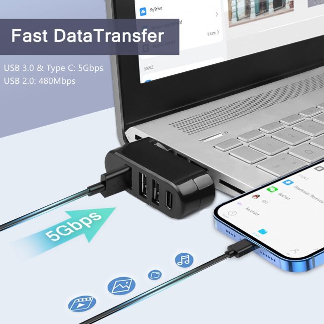 4-Port USB C Hub 90°/180° Degree Rotatable USB C Adapter Splitter with PD-in 5W Port USB Extender for MacBook iMac Surface and More C Port Laptop Not for Car