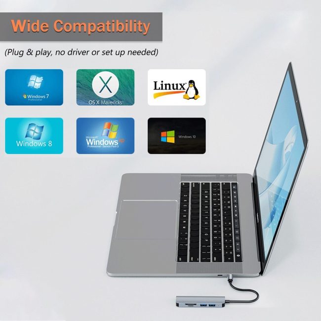 5 in 1 Aluminum USB-C Hub with Memory Card Reader and 3 USB 3.0 Ports for PC Laptops MacBook Pro Air iMac Pro Surface and Tablet