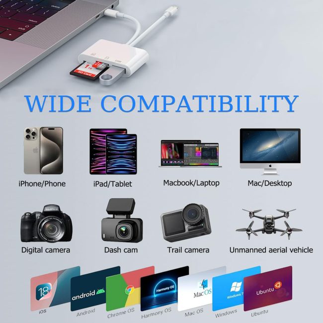 USB C SD Card Reader for iPhone iPad Lightning Dual Port SD Card Adapter Memory Card Reader for Camera Adapter Support SD Micro SD USB 3.0 Plug and Play
