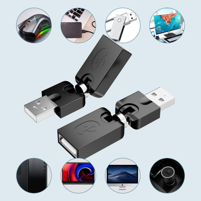 Swivel USB 2.0 Adapter Rotatable USB 2.0 Type A Male to Type A Female 360 Degree Rotation Adjustable Right Angle Extension Adapter Convertor Black AM-FM