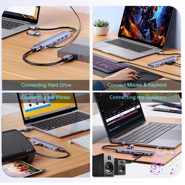 USB C Hub USB Hub 3.0 Aluminum 8 in 1 USB Extender with SD TF Card Reader 3.5mm Aux Headphone Jack for MacBook Pro Air and More PC Laptop Tablet Devices
