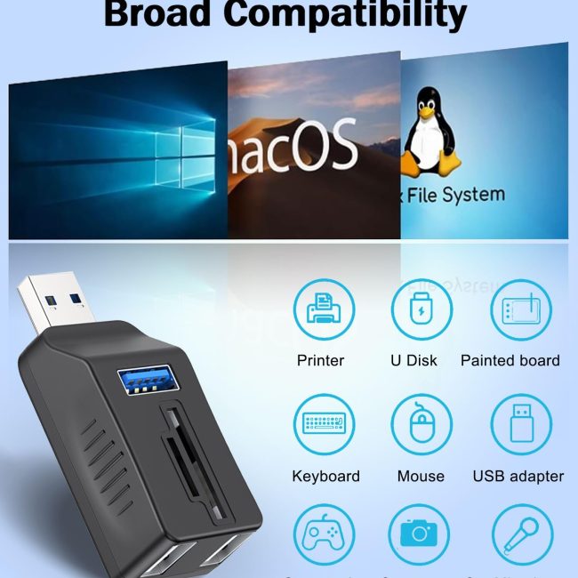 5-Port USB 3.0 Hub with SD TF Card Reader USB Extender Adapter with Memory SD Micro SD Card Reader USB 3.0/2.0 Ports Portable USB Splitter for Laptop PC Camera Flash Driver HDD Dash Cam